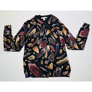 LIZ CLAIBORNE NEW YORK CARDIGAN SWEATER BLACK WITH FEATHERS SIZE MEDIUM SLIM FIT
